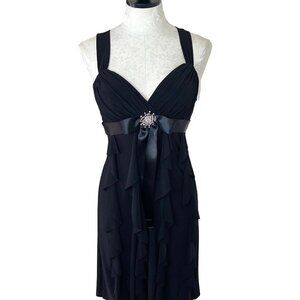 Cache Womens Ruffle Dress Black Size 6 Chiffon Long Ribbon Rhinestone Brooch Bow